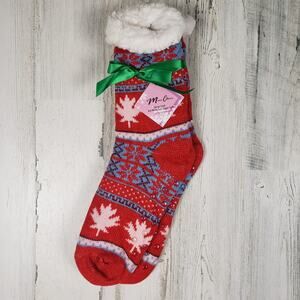 NWT Sherpa Lined Knit Winter Snowflake Leaf Design No-Slip Slipper Socks